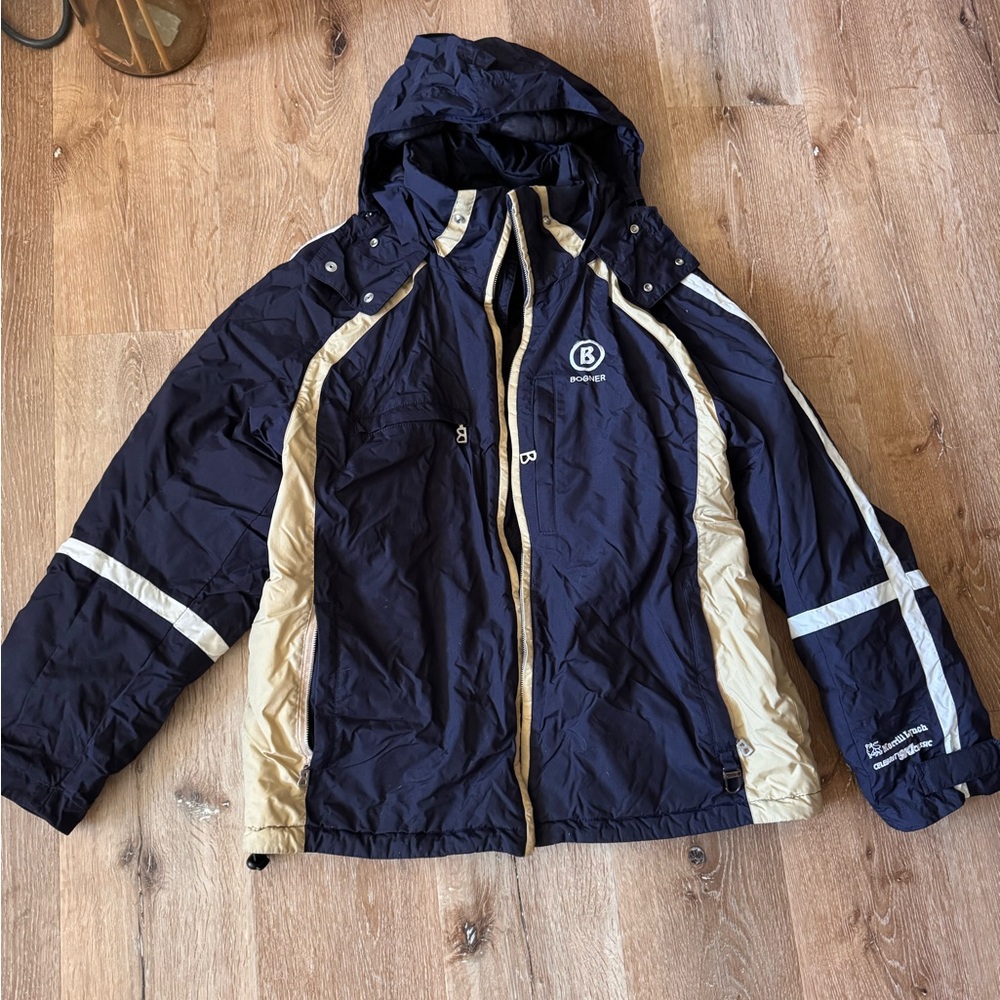 Bogner Blue and Tan Merrill Lynch Ski Jacket Hooded Jacket Size 42